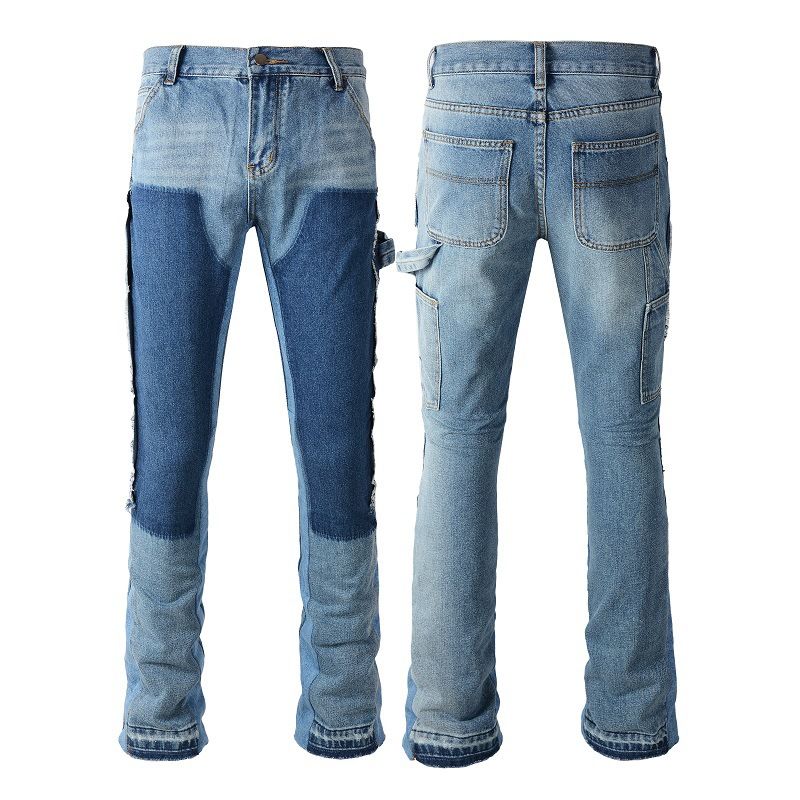 Men's Clothing men's patchwork contrast color distressed slightly flared washed jeans flared jeans_voghion.com