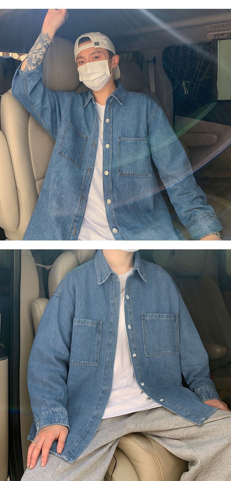 Giacca da lavoro vintage in denim da uomo - Cappotto oversize casual a maniche lunghe in stile giapponese per uomo (blu/carbone)_voghion.com