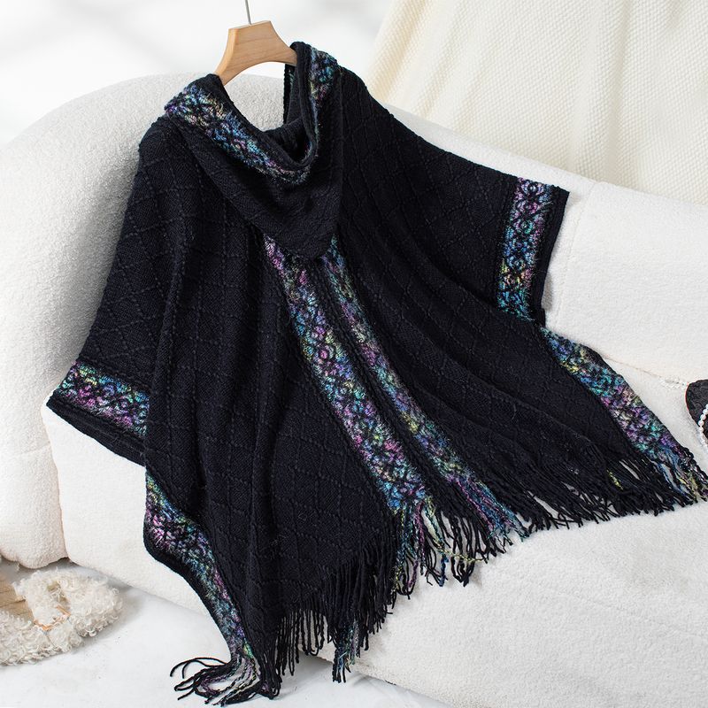 Ethnic style knitted hooded tassel cape sweater shawl lady's coat_voghion.com