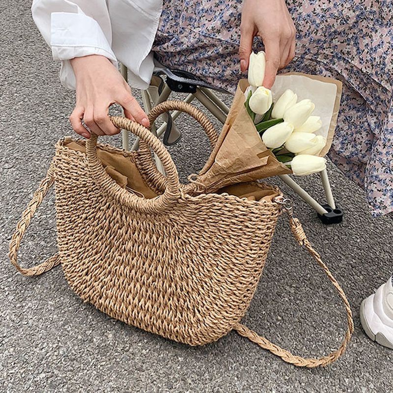Borsa fatta a mano in rattan da donna in paglia intrecciata estiva Nuove borse da spiaggia da viaggio a spalla alla moda Borsa con manico in tessuto_voghion.com