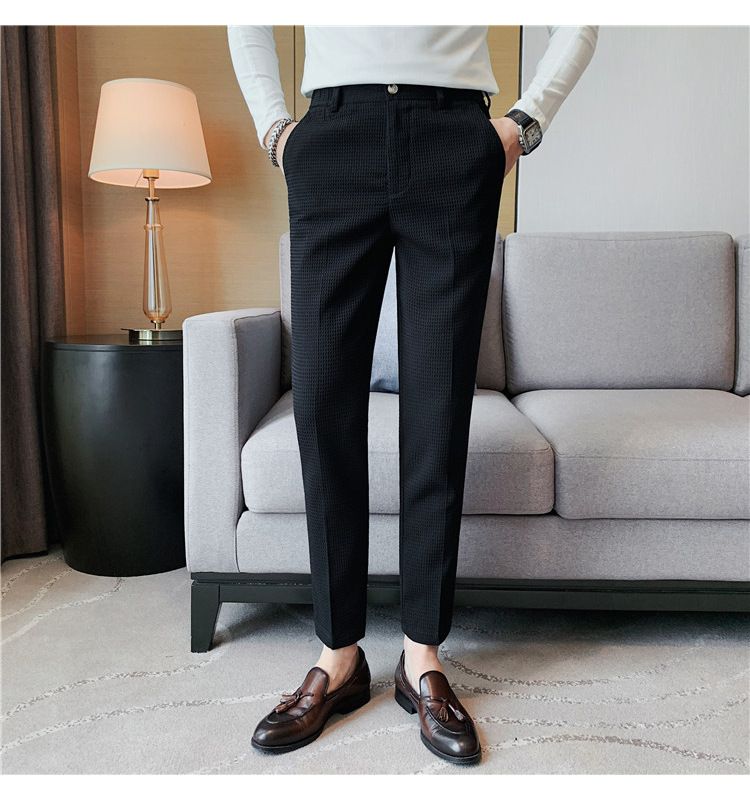 Men's Clothing Style Light Mature Men's Casual Waffle Trousers Waist Elastic Trousers Youth Skinny Trousers_voghion.com