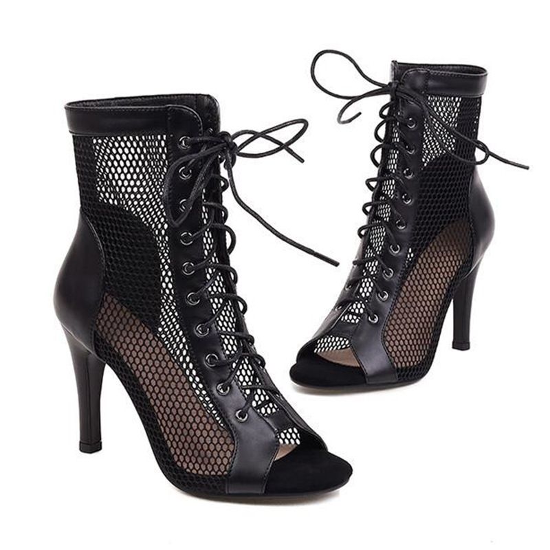 High Top Latin Shoes For Women, Fashionable Slim High Heels, Lace Up Boo, Breathable Mesh Shoes, Modern Dance Jazz_voghion.com