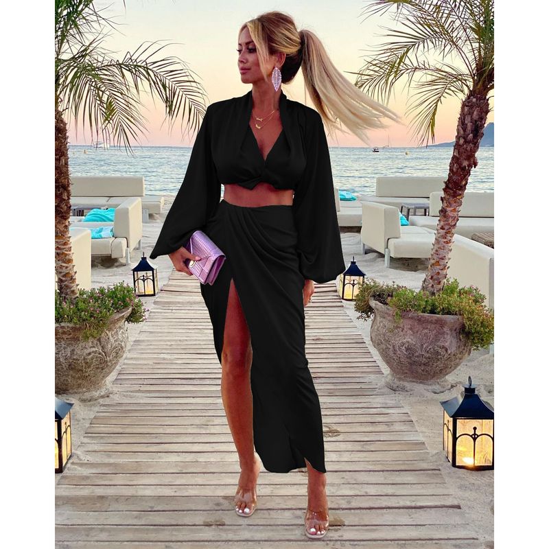 Costume jupe style vacances décontracté pour femmes, ensemble deux pièces INS à manches longues et fente, nouvelle collection été_voghion.com