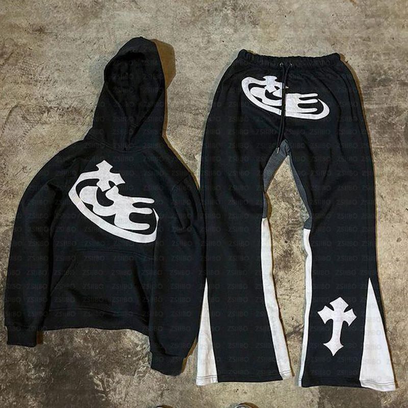 Y2K Patchwork Hoodie & Pants Set – Harajuku Streetwear With Cross Embroidered Details (Unisex, S-XXL, Hip-Hop Aesthetic, Matching Tracksuit)_voghion.com