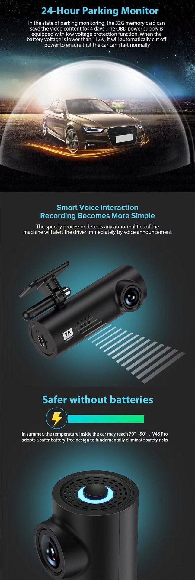 Grabadora de conducción transfronteriza, máquina de lápiz labial con visión nocturna HD, WiFi inalámbrico, lente única sin pantalla, pegamento 3m, Dash Cam_voghion.com