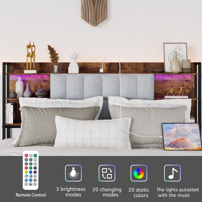Queen Size Bed Frame With 2 Storage Drawers And LED Lights Headboard, Upholstered King Bed Frame With Charging Station, No Box Spring Needed, Easy Assembly_voghion.com