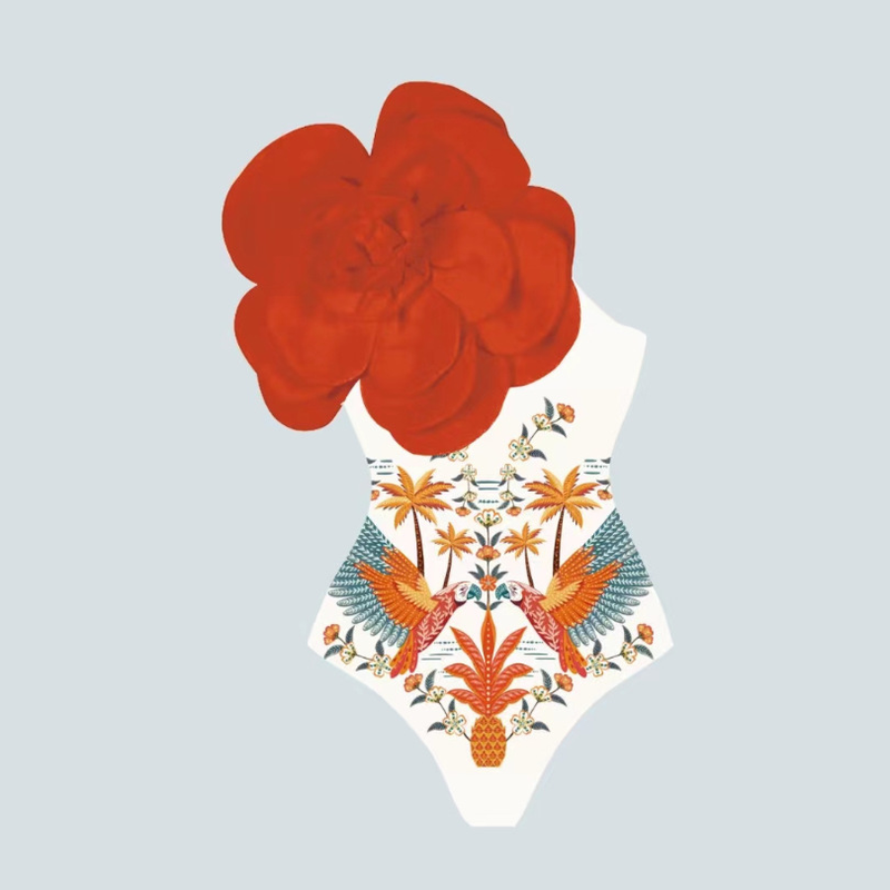 One Piece Swimsuit Female 3D Large Flower Decoration Print Swimsuit Suit Female Cross Border 2529_voghion.com