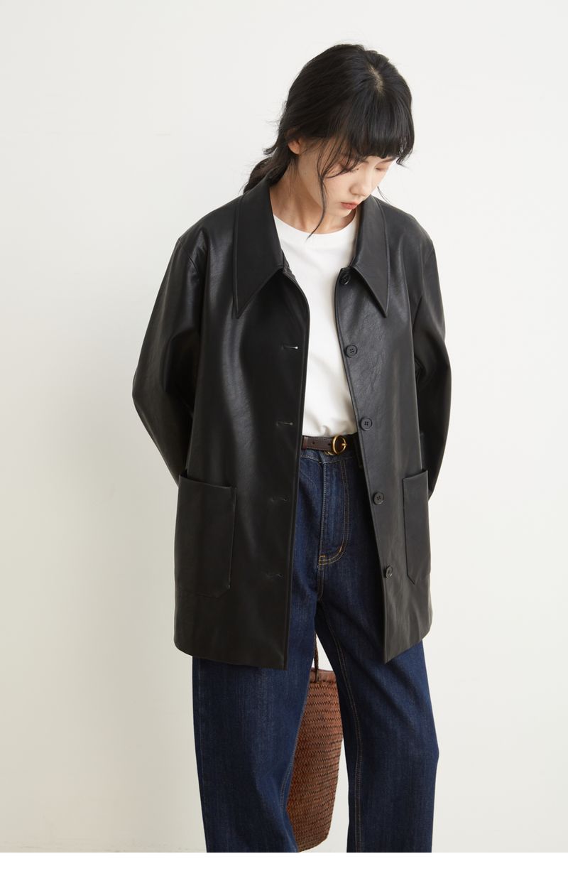 Schwarz für Damen, 2024 Herbst neuer Style, cool und lässig, kleiner spitzer Kragen, umweltfreundliches Ledertop_voghion.com