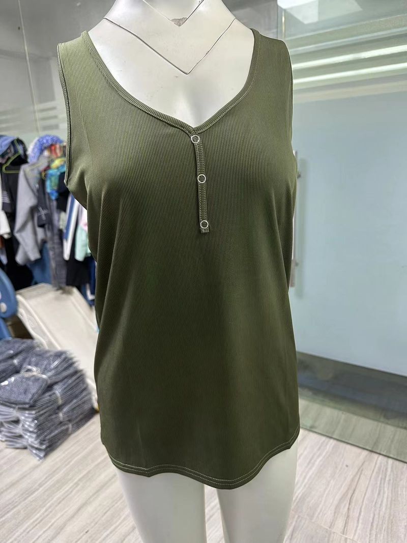 2025 New Women's Button Vest Solid Color V-neck Sleeveless T-shirt Top Creative Creation_voghion.com
