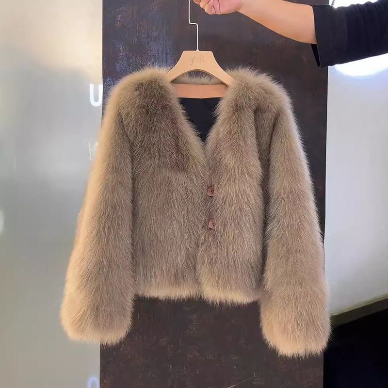 Cappotto in pelliccia sintetica di volpe da donna – Giacca invernale vintage di lusso con collo a scialle (cacao/latte)_voghion.com