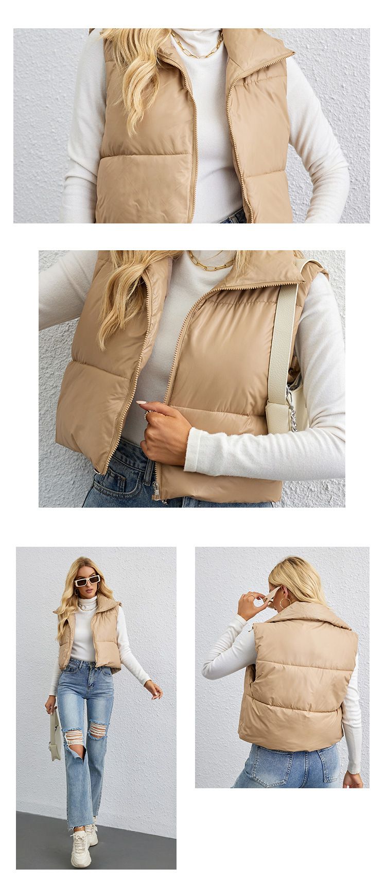 Damenmode kurze einfarbige warme Jacke Baumwollweste schlanke High Neck lose Baumwolljacke Weste_voghion.com
