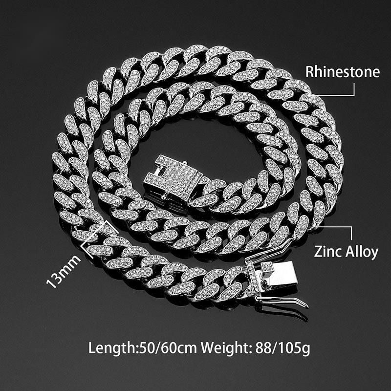 Corrente cubana popular de 13 mm, colar de liga de alta qualidade com diamantes incrustados, pulseiras masculinas e femininas, acessórios de hip-hop, boate, rapper_voghion.com