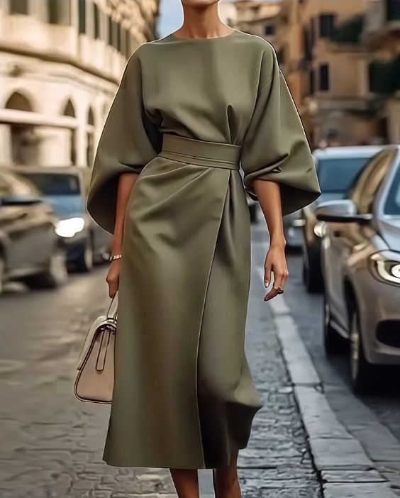 Damenbekleidung Mode Temperament Elegantes einfarbiges Taillenkleid Lässiges langes Kleid mit Fledermausärmeln_voghion.com
