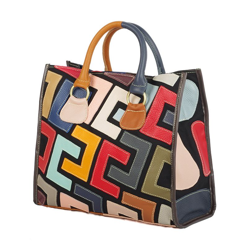 Advanced leather new women's bag with colorful contrasting geometric patterns splicing crossbody leather handbag, fashionable temperament_voghion.com