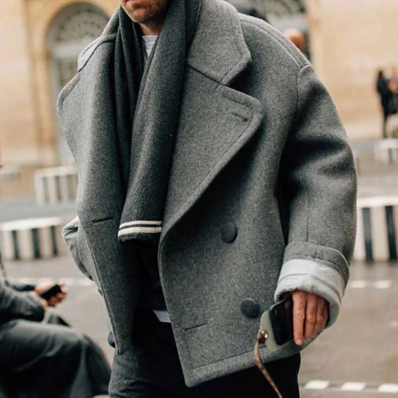 Fuskpäls för män Vinter Ylle Herr Casual Slim Fit Trench överrock Tjock varm ullrock Vindjacka enfärgad hane_voghion.com