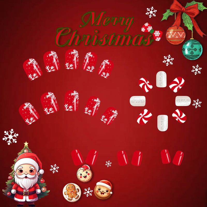Short Gloss Square Armor 2024 Neue Weihnachten Weiße Schneeflocke Gestreift Rot mit Weiß Glitter Pulver 24 Stück_voghion.com