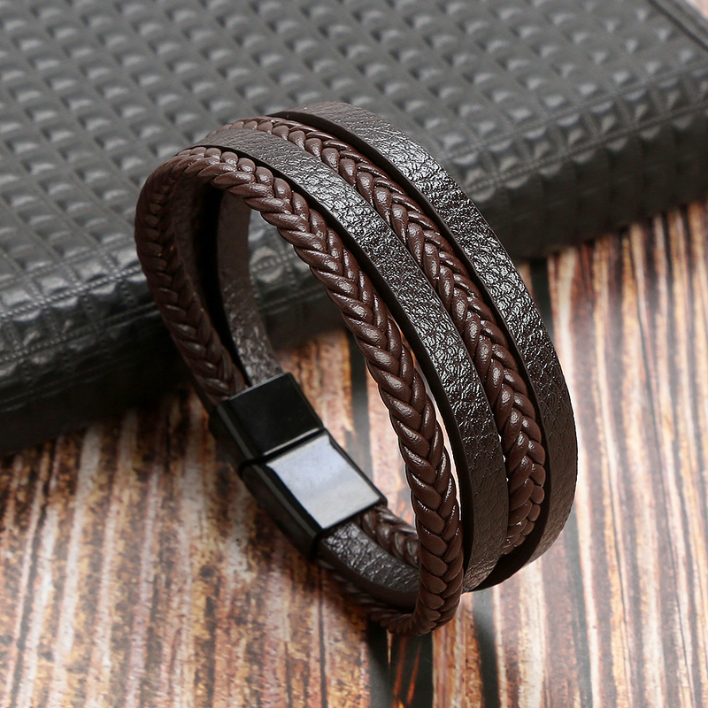new leather hand woven bracelet men's magnet buckle stainless steel bracelet jewelry women's_voghion.com