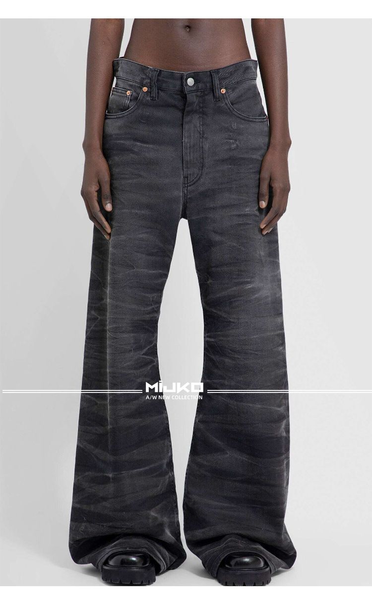 men's and women's washed distressed trousers, the same style for men and women, high street texture couple water rippled bootcut jeans_voghion.com