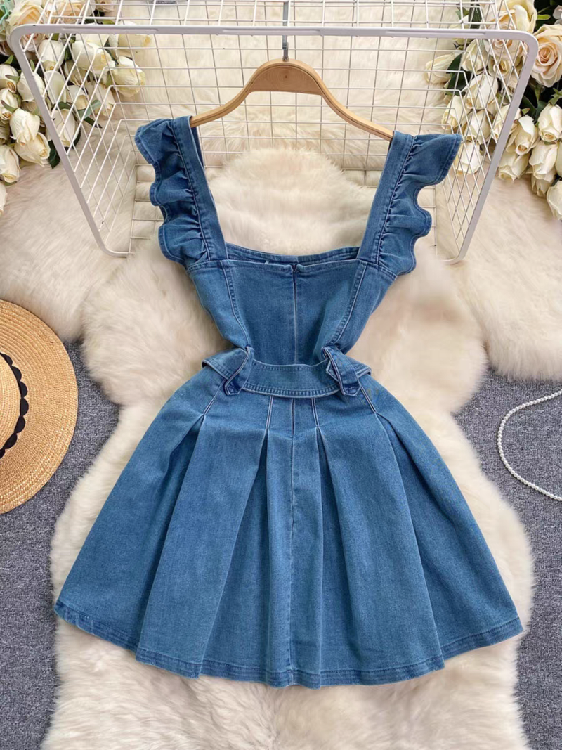 Női Ruházat női ruházat korcsökkentő főiskolai stílus édes repülő ujjú nadrágtartó ruha női retro farmer Egy vonal rövid szoknya trend_voghion.com
