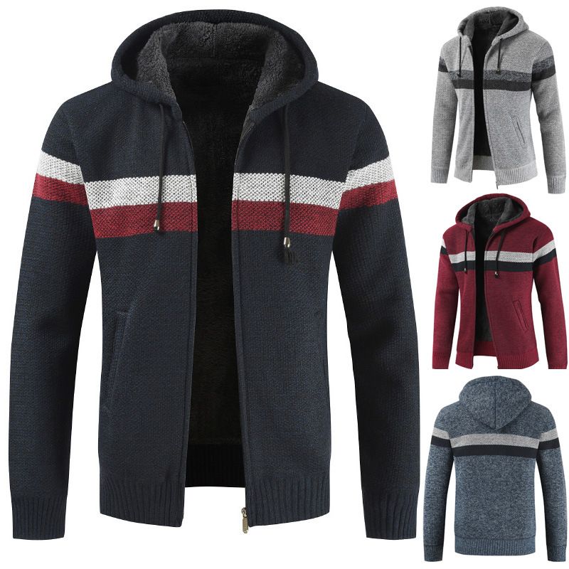 Men's New Plush and Thick Hooded Cardigan with Color Blocking Sweater and Youth Jacket_voghion.com