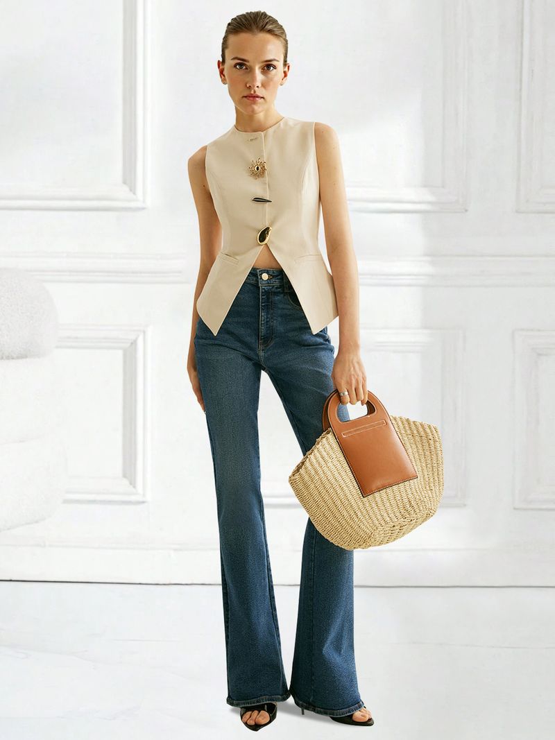 Damenbekleidung Jacke Dekorative Knöpfe Einfarbig Ärmellose Temperament Weste_voghion.com