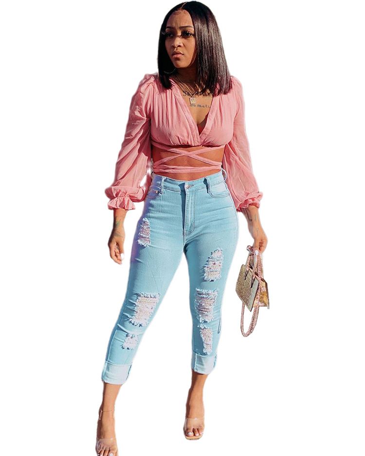 T-shirt top lace-up manica lunga chiffona a maniche lunghe con scollo a V in tinta unita a manica soffiata moda donna_voghion.com