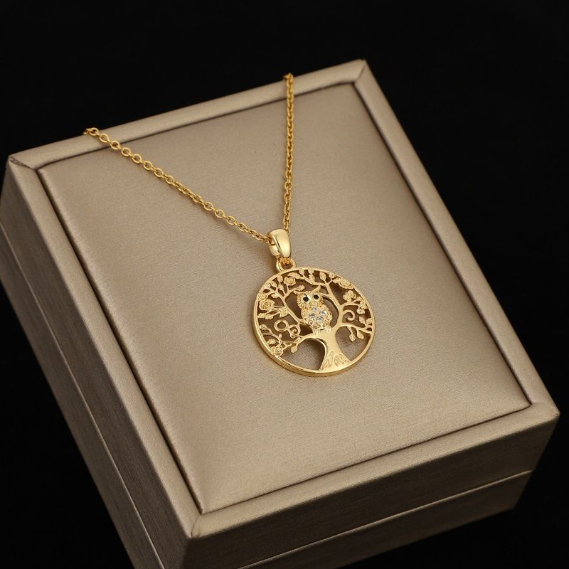 【Galvanoplastie en or véritable】 Collier pendentif hibou arbre de vie doré avec un luxe léger et un design unique_voghion.com