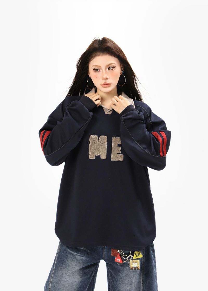 Sweat-shirt à col rabattu avec lettres brodées, style américain, unisexe, nouveau polo ample et décontracté en jersey 2025_voghion.com