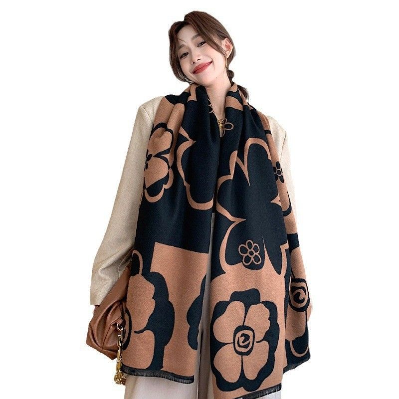 Bufanda de cachemira sintética de lujo: chal de invierno con estampado floral de camelia, suave y elegante accesorio para la oficina._voghion.com