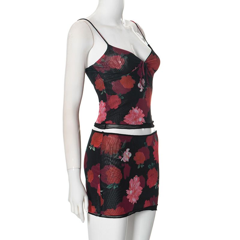 D24ST1252024 New Sexy Suspender Printed Double-layer Lace Top Slim Fit Hip Hugging Short Skirt Set_voghion.com