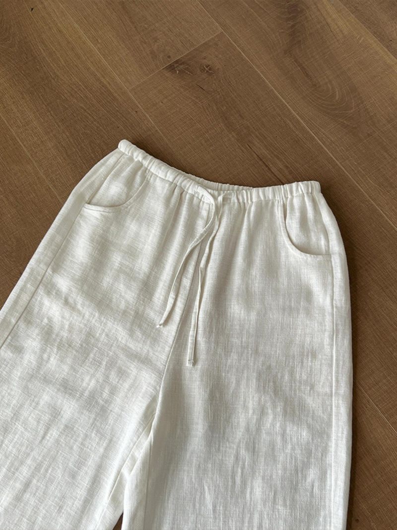 Jag rekommenderar det starkt, det får dina ben att se längre ut! ! Tvättade vita ramibyxor, flexibla och bekväma linnebyxor med vida ben för kvinnor_voghion.com