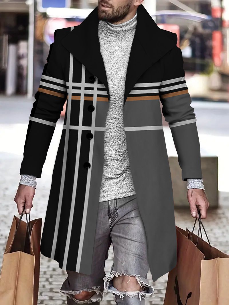 Men's Coat - New Fall/Winter Style Woolen Stand Collar Mid-Length Printed Casual Coat_voghion.com