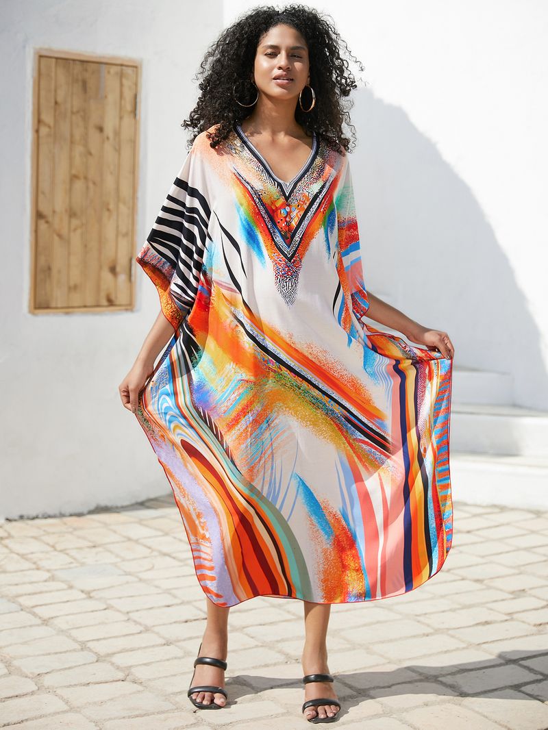 Sukienka maxi z nadrukiem w stylu boho, damska, narzutka z wiskozy – zwiewna tunika plażowa z etnicznymi wzorami, luźny krój w dużych rozmiarach, narzutka na bikini, strój na wakacje_voghion.com