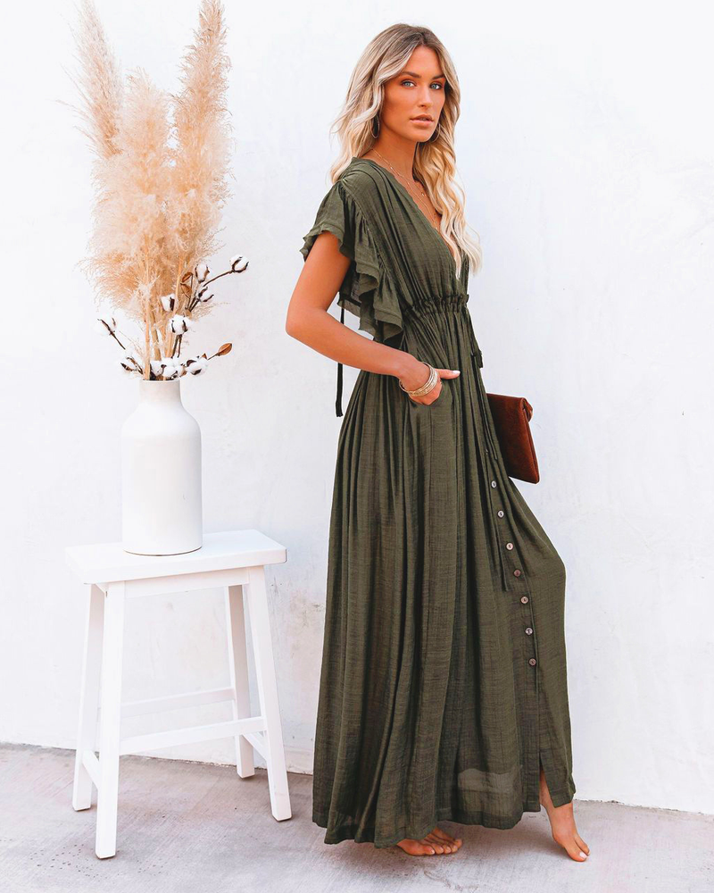 nuovo stile copricostume da spiaggia in tessuto di bambù con bottoni, corda in vita, gonna lunga, camicia di protezione solare_voghion.com
