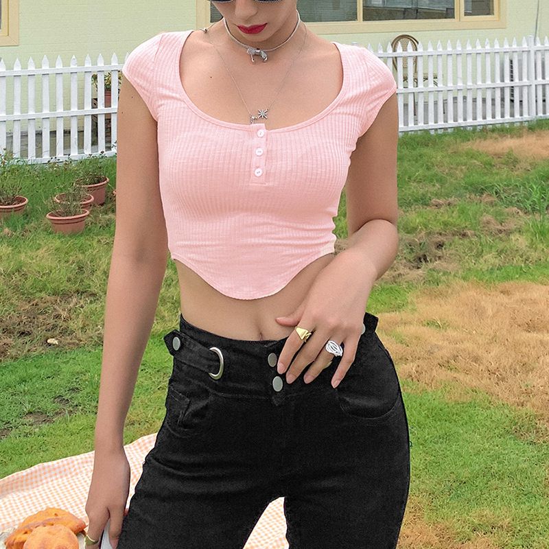 Fashion 2025 Summer New Short Sleeved U-neck Single Breasted Slim Fit With Exposed Navel Base Solid Color T-shirt For_voghion.com