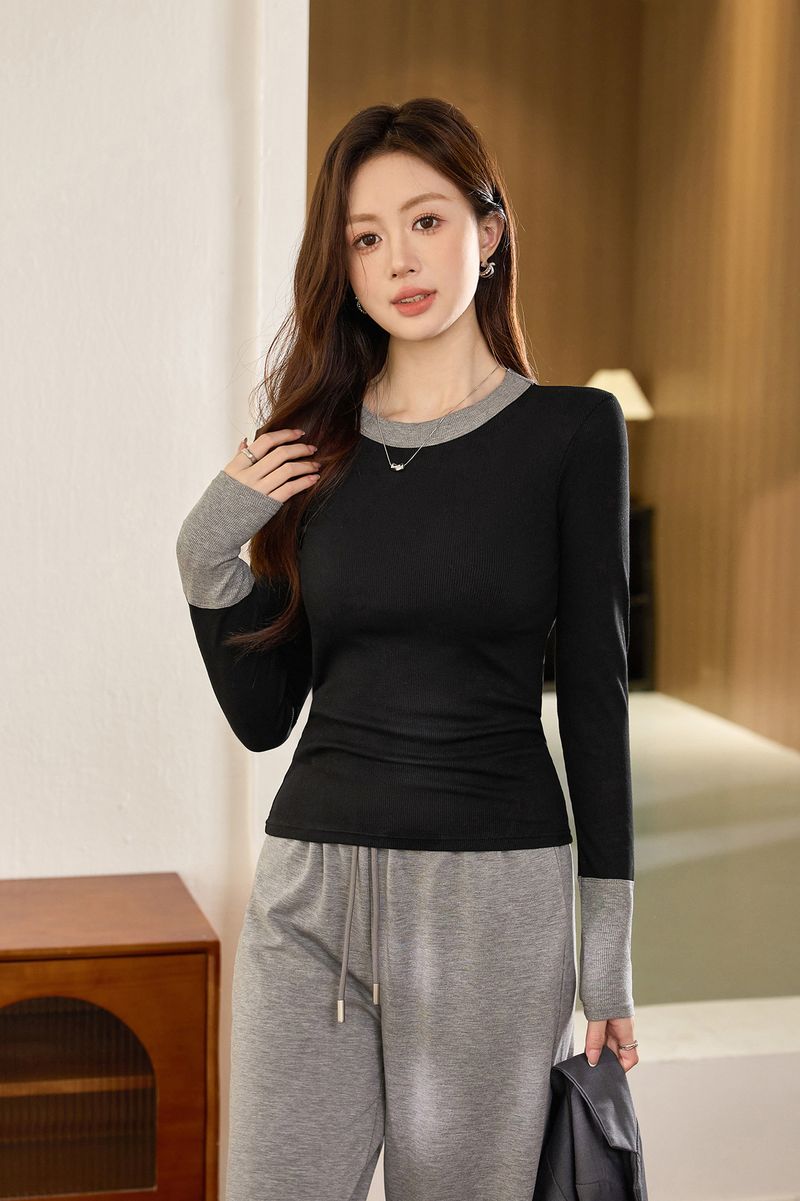 ragazza #La scelta migliore# T-shirt elegante color-block dal design di alta qualità per donna a maniche lunghe, autunno 2025, nuova base in puro cotone_voghion.com