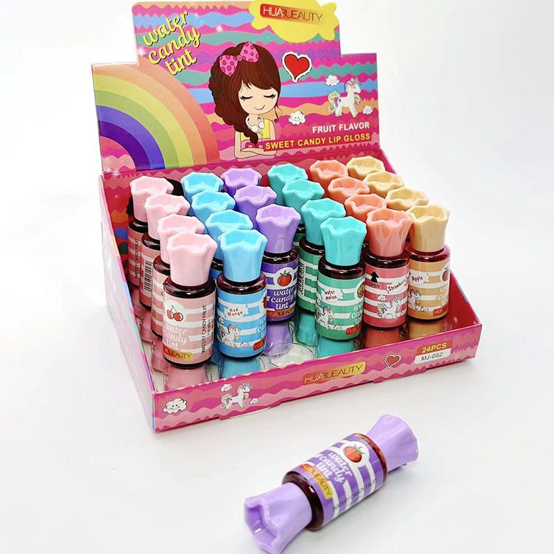 24er-Pack flüssiger Lippenstift, Wasserbonbons, Gloss mit Fruchtgeschmack, leicht zu färben und zu befeuchten, Lipgloss aus Spiegelglas_voghion.com