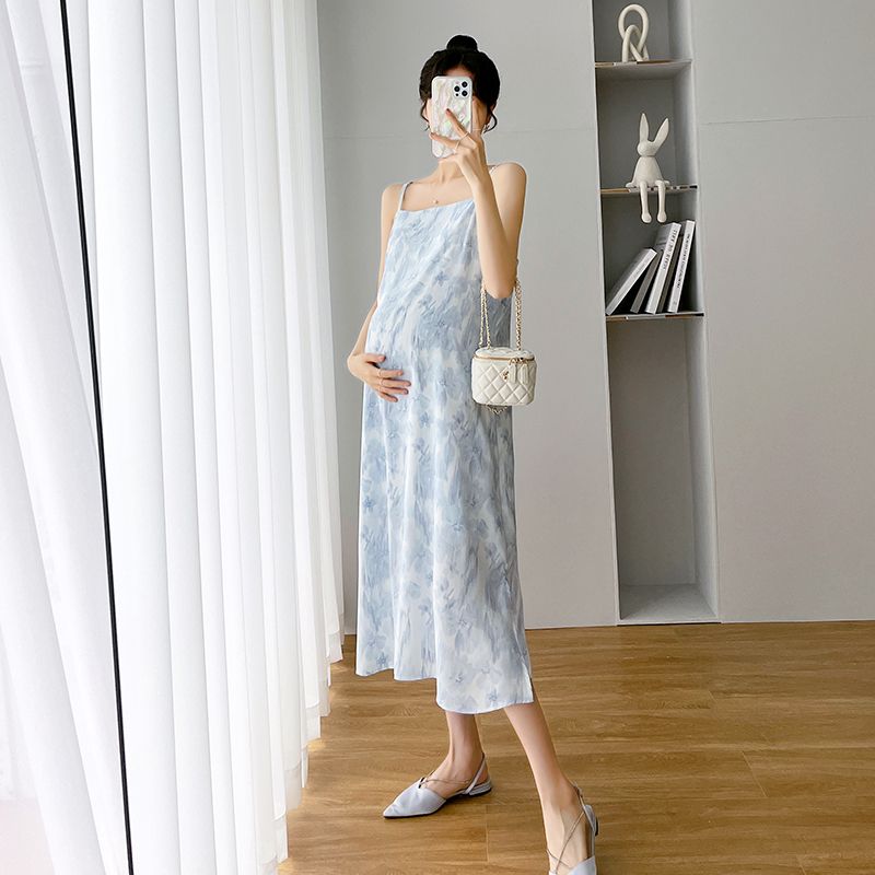 Completo da donna incinta, abito in chiffon con gonna e bretelle, camicia in tencel, abbigliamento con protezione solare, set due pezzi primaverile_voghion.com