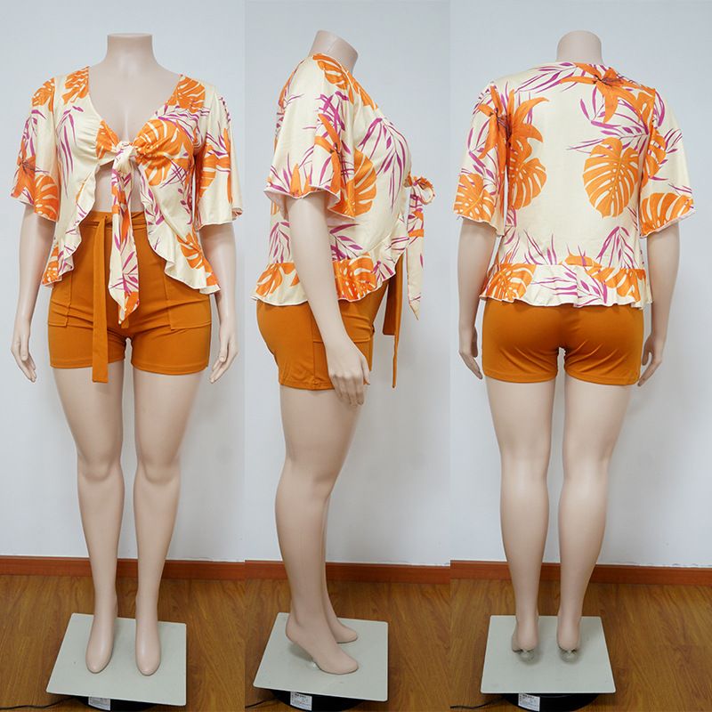 Women's large size two-piece printed casual T-shirt shorts suit_voghion.com