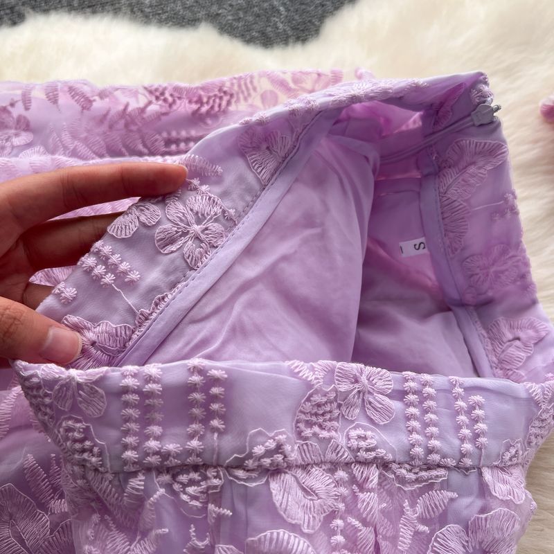 Abito da donna in stile celebrità, con maniche a sbuffo, in pizzo e con fiori, due pezzi, gonna a vita alta e sottile_voghion.com