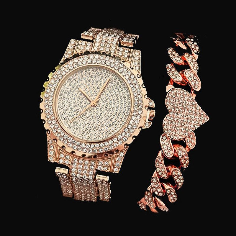 Luxury Women's Two-Piece Watch Set With Crystal-Studded Bracelet & Rose Gold Alloy Band - Elegant Quartz Wristwatch For Fashionable Occasions_voghion.com