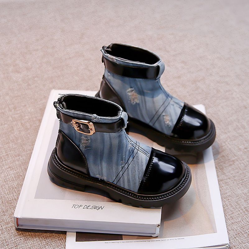 Bottes Martin en cuir style coréen pour petites filles, courtes et déchirées en denim, pour le printemps et l'automne, pour grands enfants_voghion.com