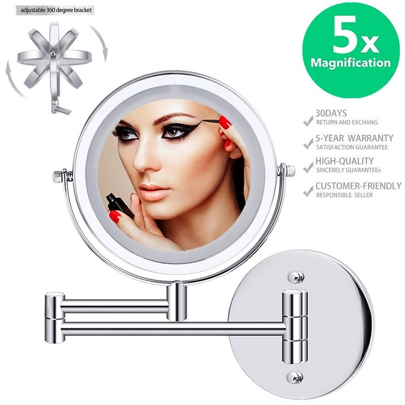 Miroir de maquillage mural à LED grossissant 5X, rotatif à 360°, éclairé, extensible, pivotant, cosmétique, avec lumière_voghion.com