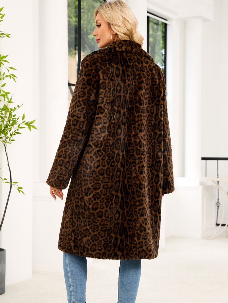 Women's Long Faux Fur Coat Leopard Print Winter Warm Thick Trench Style Outerwear Elegant Square Neckline With Pockets_voghion.com