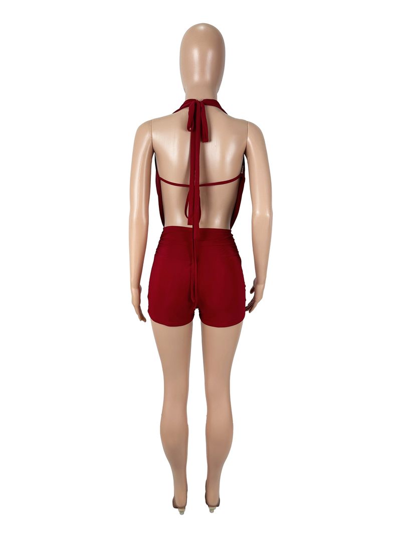 D9525 Ensemble deux pièces sexy à col licou et col pivotant pour femme, couleur unie, en maille_voghion.com