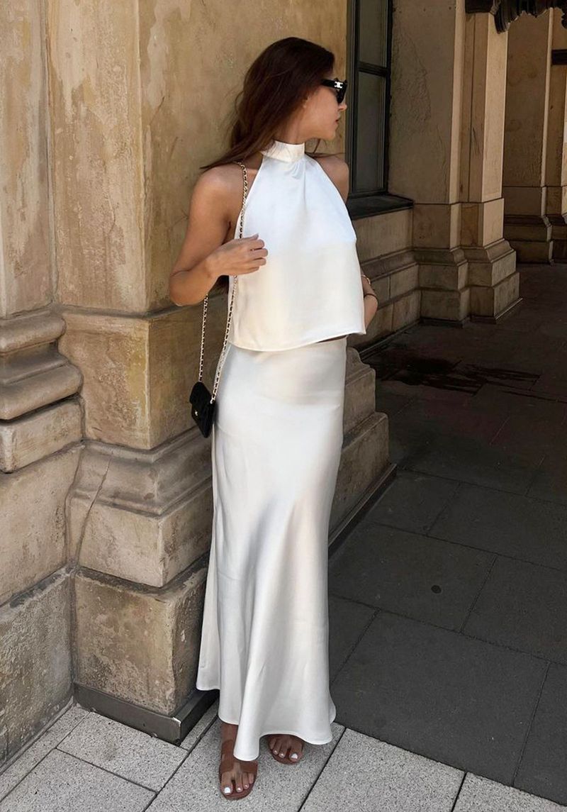 Gilet dos nu pour femmes, col licou, jupe taille haute, ensemble deux pièces en satin d'acétate, jupe longue haut de gamme pour femmes_voghion.com
