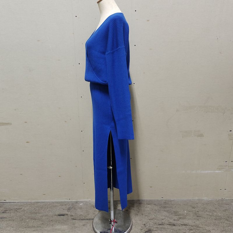 Women’s V-Neck Knit Top & High-Slit Skirt Set – Soft Autumn Layering Essential For Effortless Elegance_voghion.com