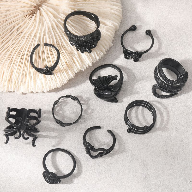 Ensemble de 10 bagues de personnalité exagérées en plaqué noir, motif papillon, cœur, champignon, pentagramme, patte de serpent_voghion.com