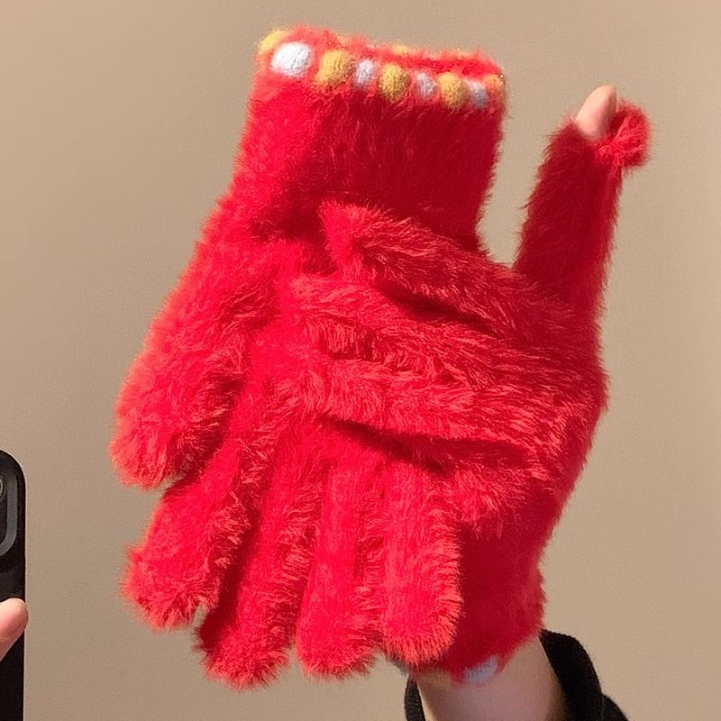Süße Candy Bean Dew Touchscreen Fünffingerhandschuhe für Damen im Winter, warm und dick aus Plüsch, für Radsportlerinnen_voghion.com