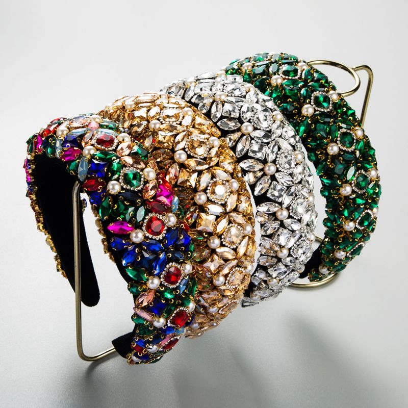 Cerchietto in spugna di perle in stile coreano con diamanti colorati, cerchietto barocco, accessorio per capelli con strass a bordo largo_voghion.com